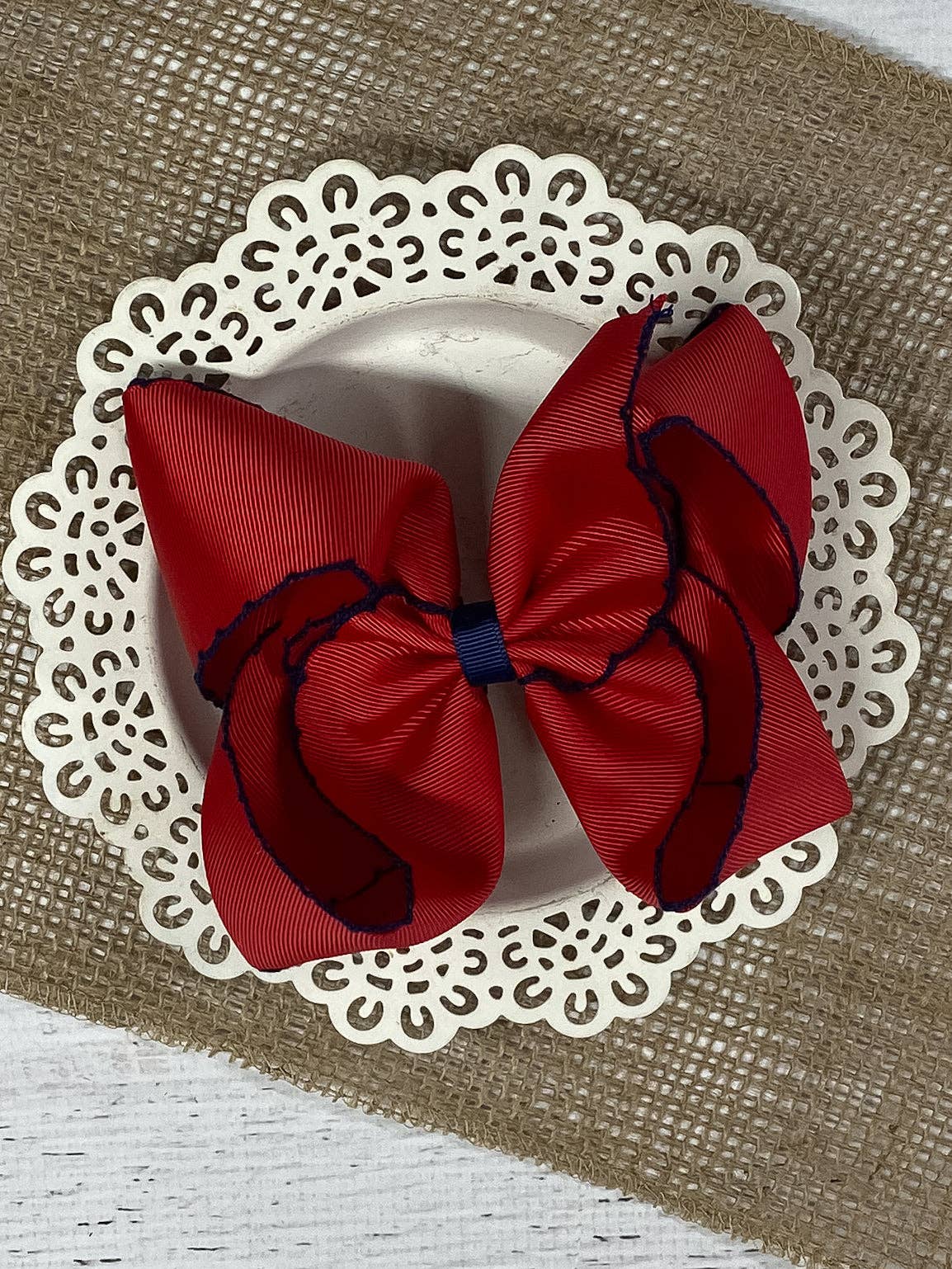 Red & Navy Moonstitch Bow - Alligator Clip