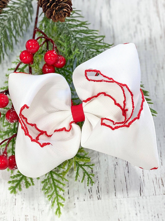 White & Red Moonstitch Bow - Alligator Clip