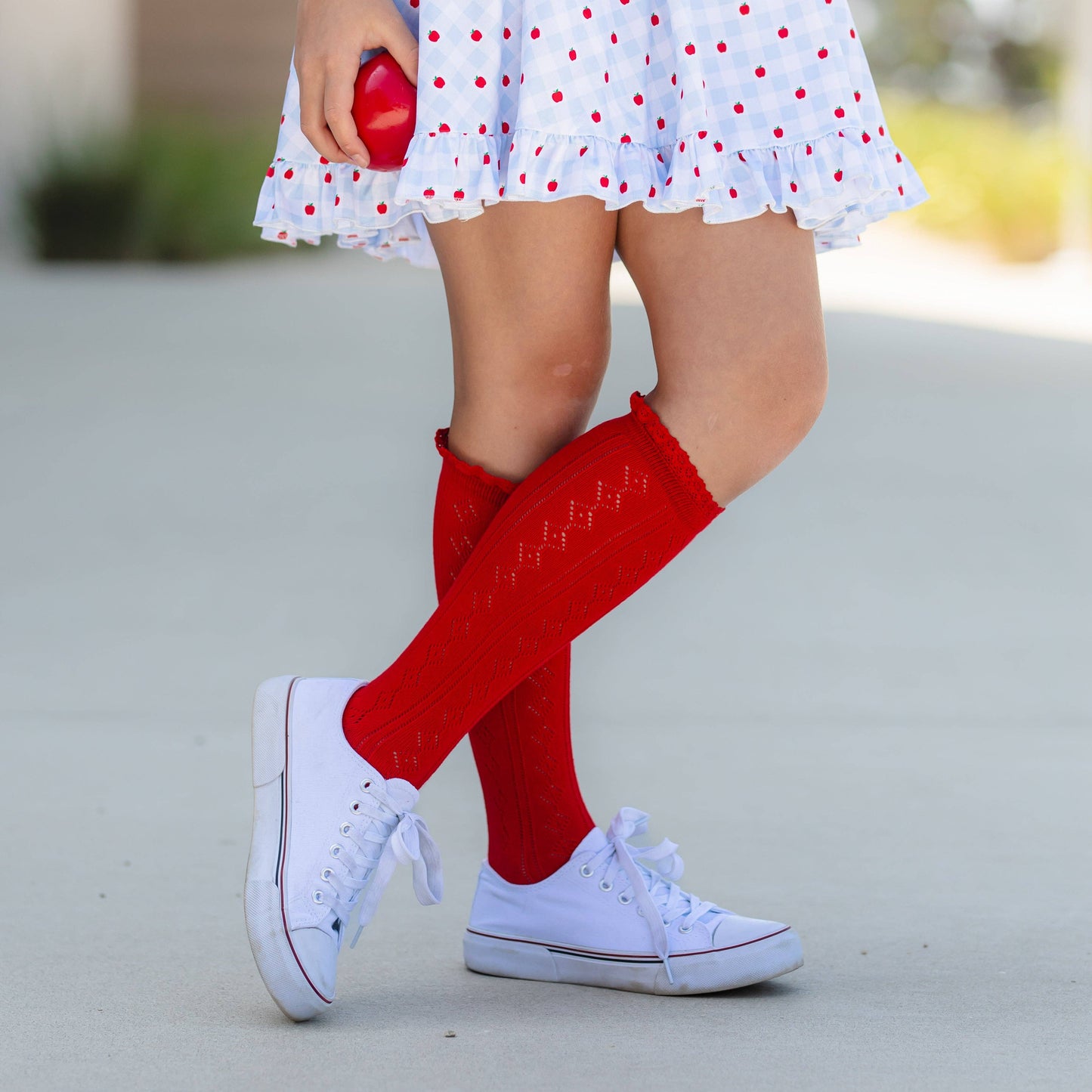 Fancy Lace Top Knee High Socks: Red