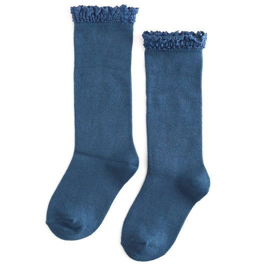 Lace Top Knee High Socks: Bluejay