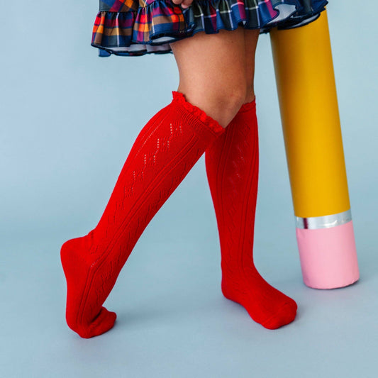 Fancy Lace Top Knee High Socks: Red