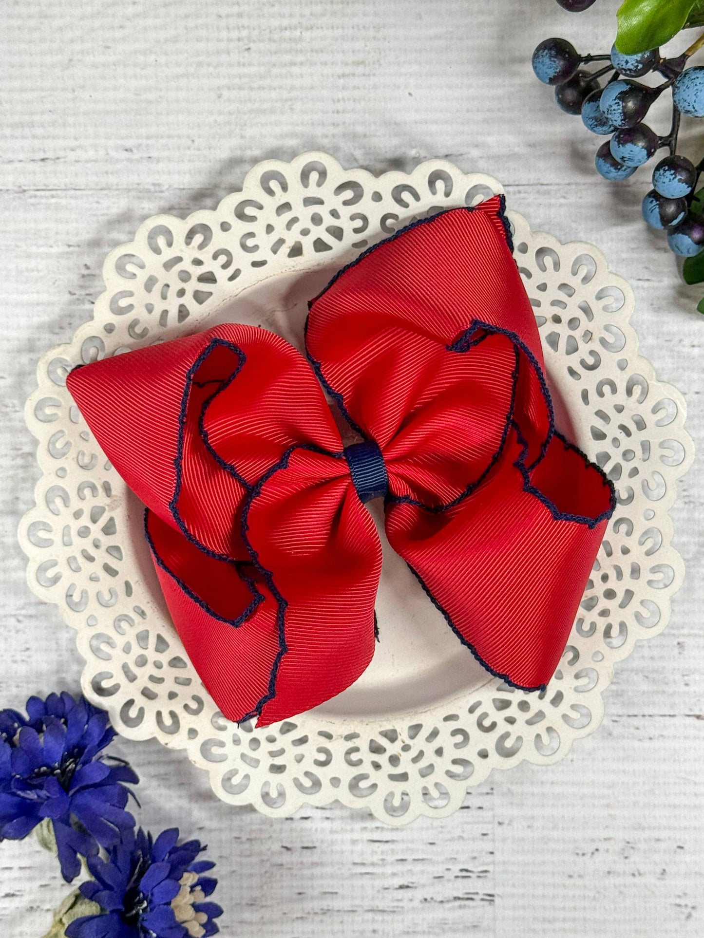 Red & Navy Moonstitch Bow - Alligator Clip