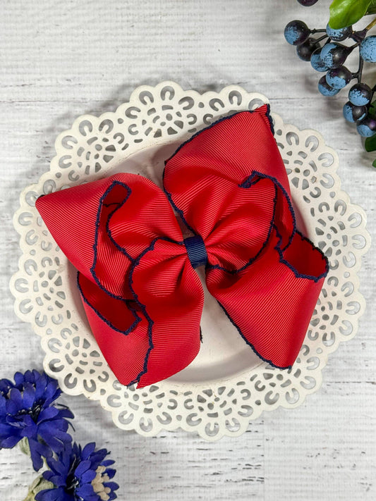 Red & Navy Moonstitch Bow - Alligator Clip