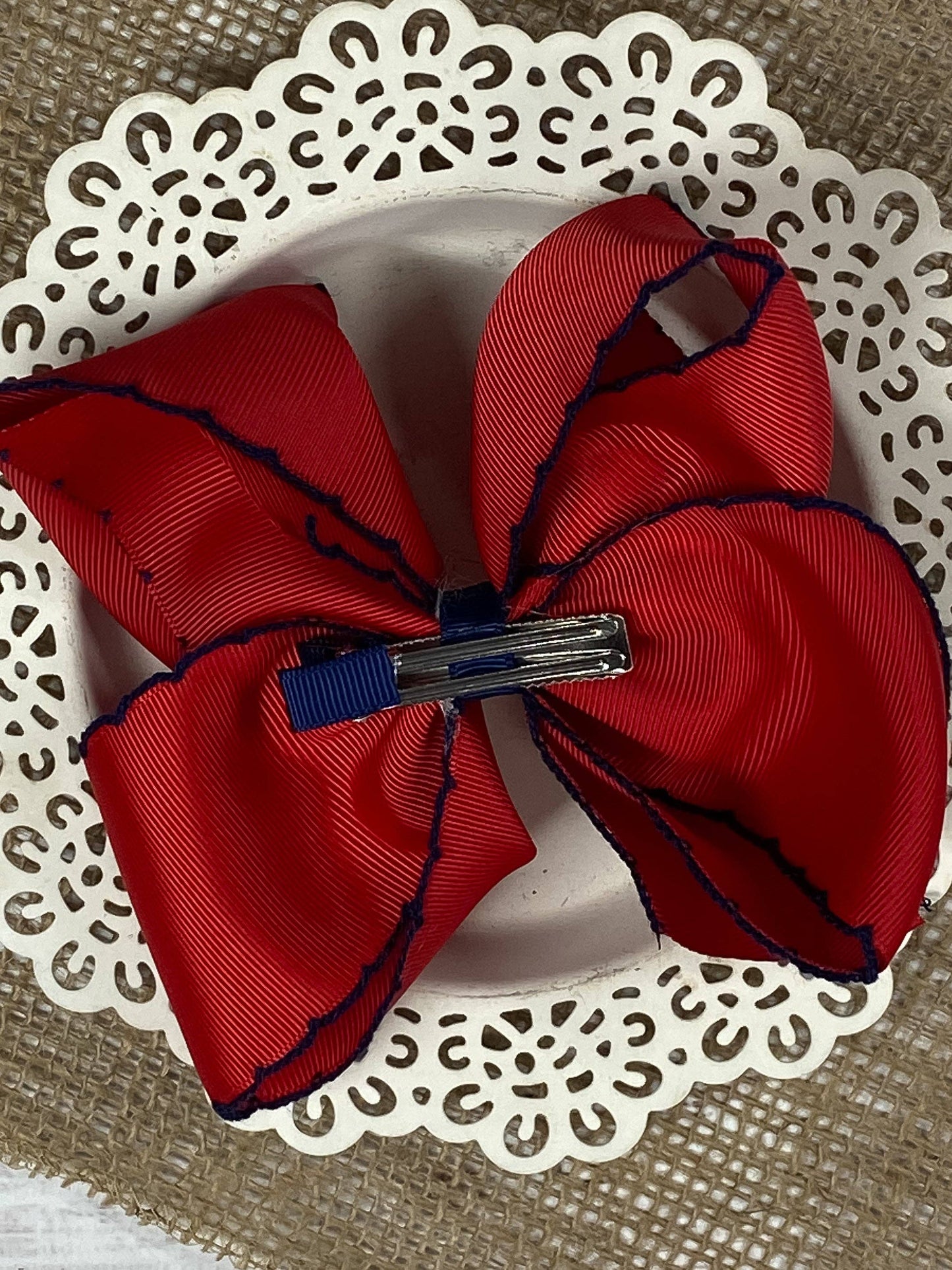 Red & Navy Moonstitch Bow - Alligator Clip